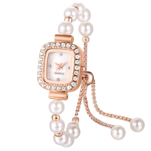 Silverora Damenuhren Perlen Strass Glitzer: Klein Rechteckige Analog Quarz Uhr Damen Glitzend Diamant Armbanduhren mit Verstallbar Künstliche Perlenarmband Geschenke für Frauen Mädchen Roségold von Silverora