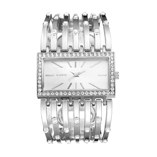 Silverora Damenuhren Rechteckig Volldiamant Glitz: Einfach Gesicht Analoge Quarz Armbanduhren Ecikig Uhren Damen Armreif mit Hohle Breit Abnehmbar Armband Geschenke für Frauen Silber von Silverora