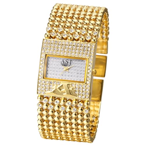 Silverora Damenuhren Rechteckige Diamant Golduhr: Glänzend Großes Zifferblatt Analog Quarz Uhren Damen mit Breit Mehrschichtig Perlenarmband Verstellbar Strass Armbanduhren Geschenke für Frauen Gold von Silverora