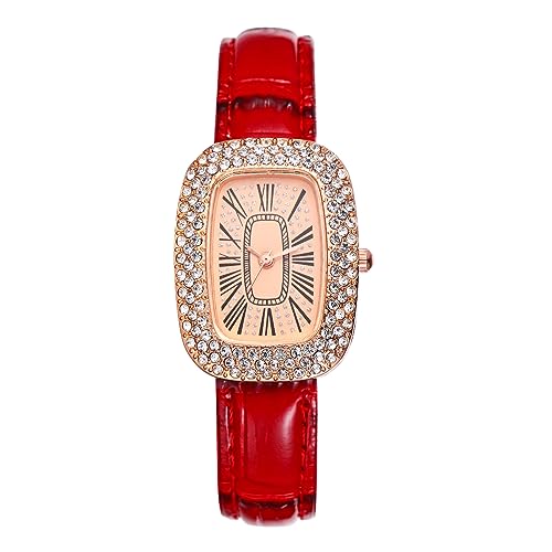 Silverora Damenuhren Rechteckige Leder Uhr Damen- Elegante Analoge Quarz Armbanduhr mit Lederarmband Volldiamant Strass Rechteck Quadratuhr mit Römische Zahlenskala Geschenke für Frauen Mädchen Rot von Silverora