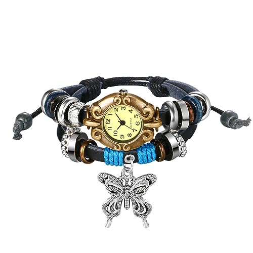 Silverora Damenuhren Vintage Leder Uhr Damen- Retro Rechteckige Analoge Quarz Armbanduhr Geflochtenes mehrschichtiges Verstellbares Lederarmband Uhr mit Schmetterling Perlen Geschenke für Frauen von Silverora