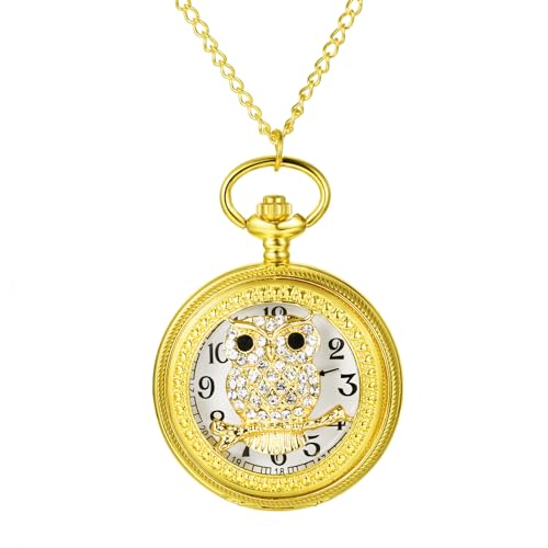 Silverora Eule Taschenuhr Vintage Uhren - Damen Herren Analoge Quarz Uhr mit Kette Retro Hohle Skelett Zirkon Strass Eule Ketteuhr Geschenke für Frauen Männer Gold von Silverora