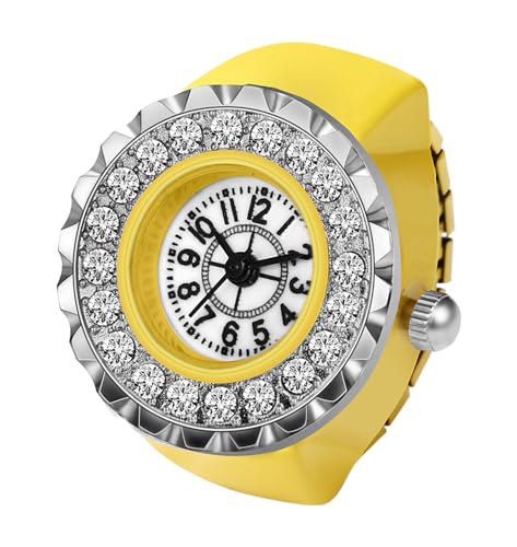 Silverora Fingeruhr Ringuhr Damen Elastische: Strass Volldiamant Analog Quarz Uhrenring Verstellbar Ring Uhren mit Arabische Ziffern Genschenke für Frauen Mädchen Gelb von Silverora