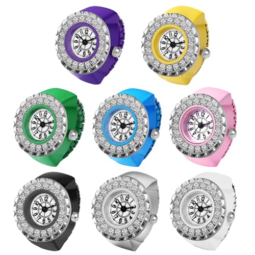 Silverora Fingeruhr Ringuhr Damen Elastische: Strass Volldiamant Analog Quarz Uhrenring Verstellbar Ring Uhren mit Arabische Ziffern Genschenke für Frauen Mädchen Mehrfarbig von Silverora