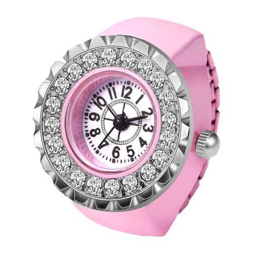 Silverora Fingeruhr Ringuhr Damen Elastische: Strass Volldiamant Analog Quarz Uhrenring Verstellbar Ring Uhren mit Arabische Ziffern Genschenke für Frauen Mädchen Rosa von Silverora