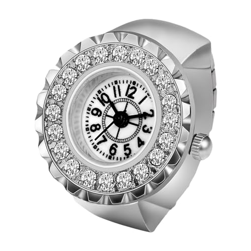 Silverora Fingeruhr Ringuhr Damen Elastische: Strass Volldiamant Analog Quarz Uhrenring Verstellbar Ring Uhren mit Arabische Ziffern Genschenke für Frauen Mädchen Silber von Silverora