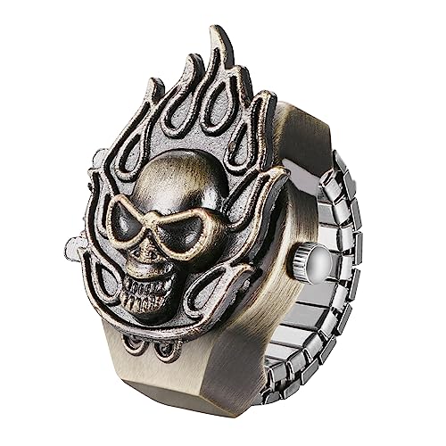 Silverora Flip-Up-Ring, Vintage, Flamme, Schädel, Quarzuhr, Fingerring, verstellbar, Halloween-Dekoration für Männer und Frauen, Flamme-Bronze von Silverora