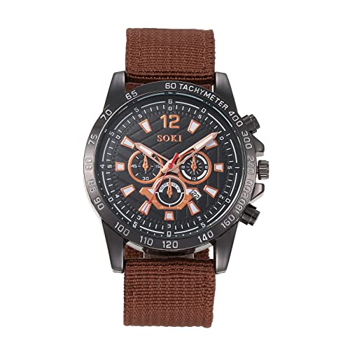 Silverora Uhr Herren Militäruhr Nylon: Großes Zifferblatt DREI Augen Dekoration Analoge Quarzuhr Datum Kalender Leuchtende Zeiger Outdoor Sportuhr mit Nylonarmband Geschenke für Männer Braun von Silverora