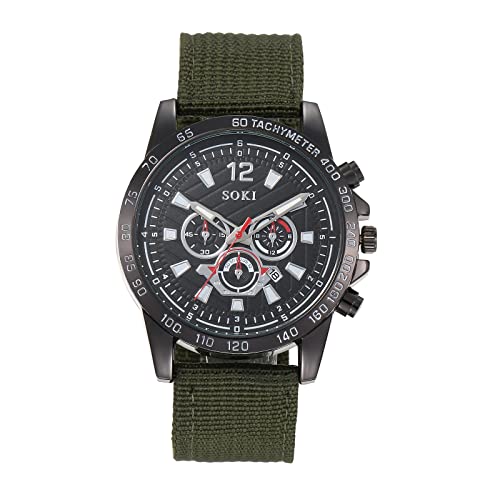 Silverora Uhr Herren Militäruhr Nylon: Großes Zifferblatt DREI Augen Dekoration Analoge Quarzuhr Datum Kalender Leuchtende Zeiger Outdoor Sportuhr mit Nylonarmband Geschenke für Männer Grün von Silverora