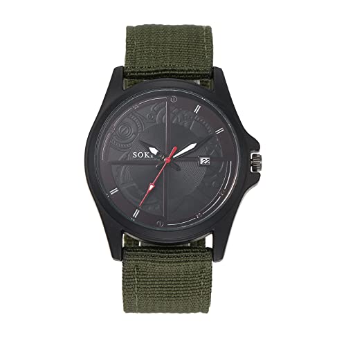 Silverora Herrenuhr Militäruhr Nylon Kalender: Einfach Großes Dunkles Zifferblatt Analoge Quarzuhr mit Balkenskala Datum Kalender Outdoor Sportuhr mit Nylonarmband Geschenke für Männer Jugend Grün von Silverora