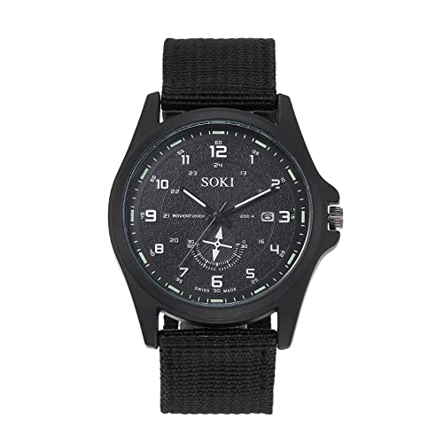 Silverora Herrenuhr Militäruhr Nylon Kalender: Einfach Großes Monokular Dekoration Zifferblatt Analoge Quarzuhr Datum Kalender Outdoor Sportuhr mit Nylonarmband Geschenke für Männer Jugend Schwarz von Silverora