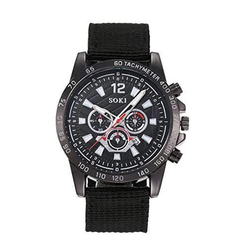 Silverora Uhr Herren Militäruhr Nylon: Großes Zifferblatt DREI Augen Dekoration Analoge Quarzuhr Datum Kalender Leuchtende Zeiger Outdoor Sportuhr mit Nylonarmband Geschenke für Männer Schwarz von Silverora