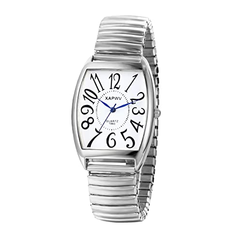 Silverora Herrenuhr Elastische Uhren Herren: Quadratisch Analoger Quarz Armbanduhr mit Edelstahl Stretchband Klare Leicht Ablesbare Uhr mit Arabische Ziffernskala Geschenke für Männer Ältere Silber von Silverora