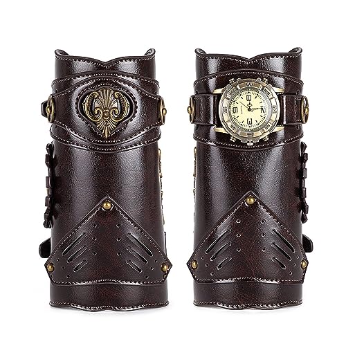 Silverora Herrenuhr Leder Armschutz Armbanduhr: Steampunk Gotik Verstellbar Doppelseitig Echt Lederarmband Uhren Analog Quarz Uhr Halloween Zubehör Mittelalterlich Cosplay Geschenke für Männer Jungen von Silverora