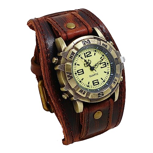 Silverora Herrenuhr Leder Herren Uhr: Steampunk Analog Quarz Armbanduhr Gotik Verstellbar Echt Lederarmband Uhren mit breite Manschetten Halloween Zubehör Geschenke für Männer Jungen Dunkelbraun von Silverora