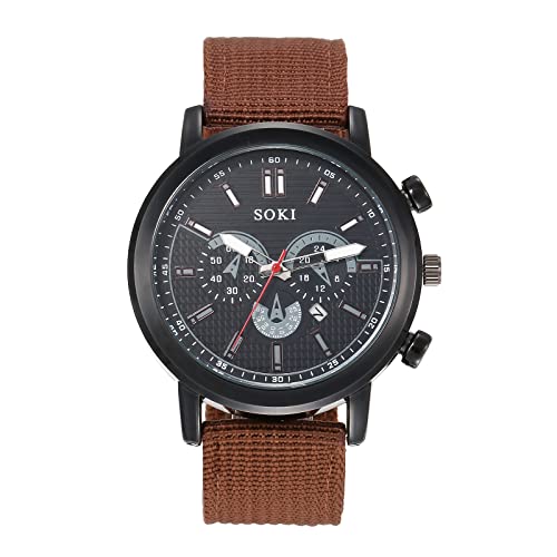 Silverora Herrenuhr Militäruhr Nylon Kalender: Großes DREI Augen Zifferblatt Analoge Quarzuhr mit Balkenskala Datum Kalender Outdoor Sportuhr mit Nylonarmband Geschenke für Männer Braun von Silverora