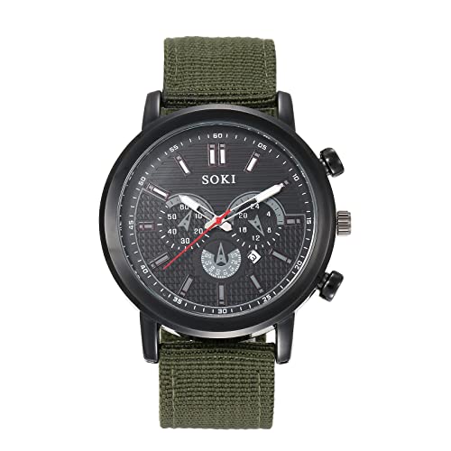 Silverora Herrenuhr Militäruhr Nylon Kalender: Großes DREI Augen Zifferblatt Analoge Quarzuhr mit Balkenskala Datum Kalender Outdoor Sportuhr mit Nylonarmband Geschenke für Männer Grün von Silverora