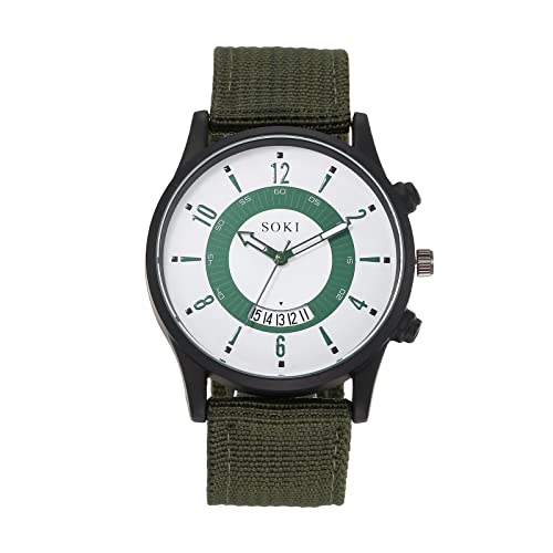 Silverora Herrenuhr Uhr Militär Nylon: Einfach Grün Weiß Großes Zifferblatt Analoge Quarzuhr Datum Kalender Outdoor Sportuhr mit Nylonarmband Geschenke für Männer Jugend von Silverora