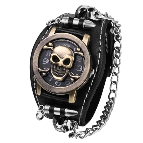 Silverora Herrenuhren Damenuhren Punk Totenkopf: Analog Quarz Uhren Damen Herren Reversible Schädel Kugel Abdeckung Armbanduhren mit Lederarmband Kette Männer Frauen schwarz Silverora Herrenuhren Damenuhren Punk Totenkopf: Analog Quarz Uhren Damen Herren Reversible Schädel Kugel Abdeckung Armbanduhren mit Lederarmband Kette Männer Frauen schwarz von Silverora