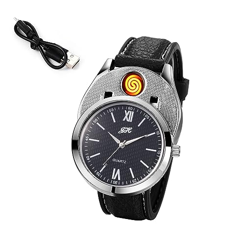 Silverora Herrenuhren Leder Feuerzeug Armbanduhr Herren- Analoge Quarz Uhren mit USB-Aufladung Zigarettenanzünder Schwarze Zifferblatt Armbanduhren mit Lederarmband Geschenke für Männer Schwarz von Silverora