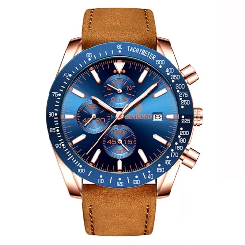 Silverora Herrenuhren Leder Kalender Chronograph: 3ATM Wasserdicht Leuchtende Analog Quarz Uhren Dreidimensional Multifunktion Datum Armbanduhren mit Lederarmband Geschenke für Männer Blau von Silverora