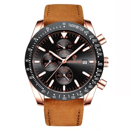 Silverora Herrenuhren Leder Kalender Chronograph: 3ATM Wasserdicht Leuchtende Analog Quarz Uhren Dreidimensional Multifunktion Datum Armbanduhren mit Lederarmband Geschenke für Männer Schwarz von Silverora