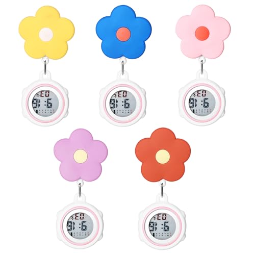 Silverora Krankenschwesteruhren Taschenuhr Schwesternuhren Multifunktional: 5 pcs Blumem Digital Schwester Uhren mit Clip Kalender Wecker Chronograph Stoppuhr Fob Uhr für Ärzte Krankenschwester von Silverora