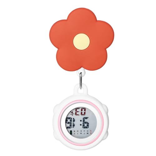 Silverora Krankenschwesteruhren Taschenuhr Schwesternuhren Multifunktional: Blumem Digital Schwester Uhren mit Clip Kalender Wecker Chronograph Stoppuhr Fob Uhr für Ärzte Krankenschwester Rot von Silverora