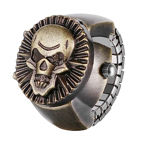 Silverora Ringuhr Totenkopf Fingeruhr Halloween Uhren- Damen Herren Schädel Analoge Quarzuhr Elastisch Edelstahl Ring Uhr Punk Offener Fingerringuhr Uhrenring Geschenke für Männer Frauen Bronze von Lancardo