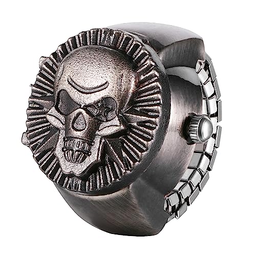 Silverora Ringuhr Totenkopf Fingeruhr Halloween Uhren- Damen Herren Schädel Analoge Quarzuhr Elastisch Edelstahl Ring Uhr Punk Offener Fingerringuhr Uhrenring Geschenke für Männer Frauen Schwarz von Lancardo