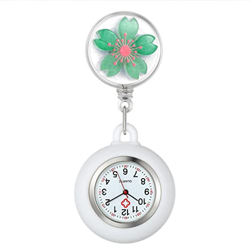 Silverora Silikon Krankenschwester Uhr einziehbar mit Stethoskop Grün Blumen Muster Revers Clip-on Taschenuhr für Arzt Krankenschwestern Silikonhülle für Frauen und Männer von Lancardo
