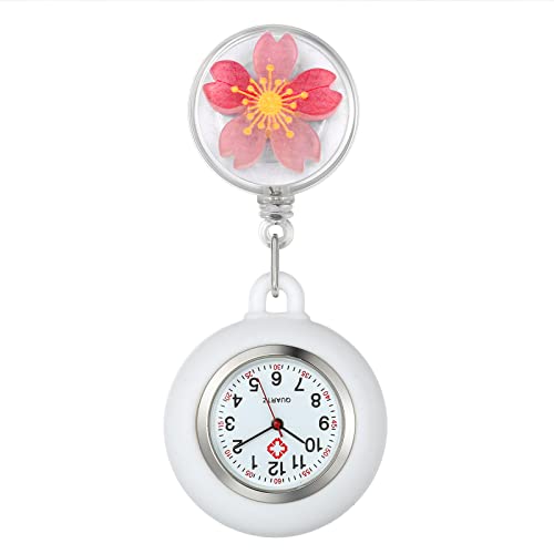 Silverora Silikon Krankenschwester Uhr einziehbar mit Stethoskop Pink Blumen Muster Revers Clip-on Taschenuhr für Arzt Krankenschwestern Silikonhülle für Frauen und Männer von Silverora