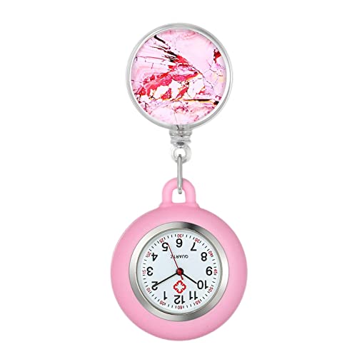 Silverora Silikon Krankenschwester Uhr einziehbar mit Stethoskop Sternenhimmel Muster Revers Clip-on Taschenuhr für Arzt Krankenschwestern Silikonhülle für Frauen und Männer, Pink von Lancardo