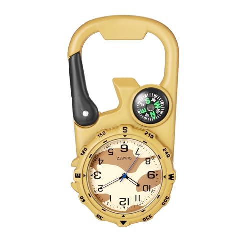 Silverora Taschenuhr Karabiner Uhr Anhängeruhr: Analog Quarz Uhr Herren Damen Outdoor Rucksack Sportuhr Arbeitsuhr Praktisch Krankenschwesteruhr mit Kompass Camouflage Gelb von Silverora