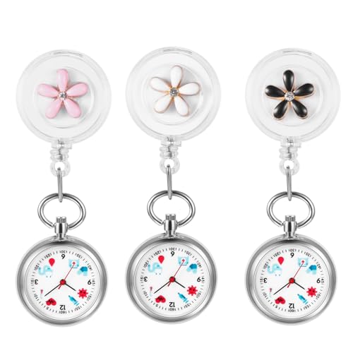 Silverora Taschenuhr Krankenschwester Uhren Schwesternuhren: 3pcs Blumen Schwester Uhren mit Clip Gut Ablesbare Fob Uhr Ansteckuhr Pulsuhren Hilfsuhr Arbeitsuhr für Ärzte Pflege Schwestern von Silverora