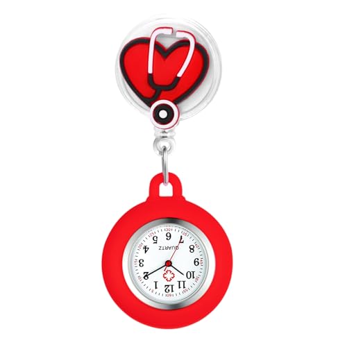 Silverora Taschenuhr Krankenschwesteruhren Silikon Schwesternuhr: Leicht Ablesbare Einziehbare Krankenschwester Uhren Herzmuster Pflegeruhr mit Clip Fob für Ärzte Pfleger rot von Silverora
