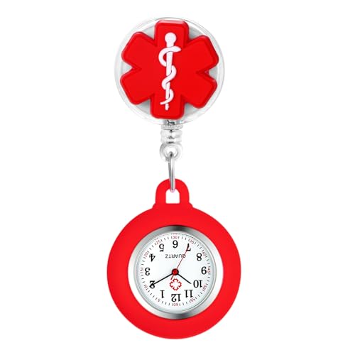 Silverora Taschenuhr Schwesternuhren Silikon Krankenschwesternuhr: Leicht Ablesbare Einziehbare Krankenschwester Uhren Rotes Kreuz Pflegeruhr mit Clip Fob für Ärzte rot von Silverora
