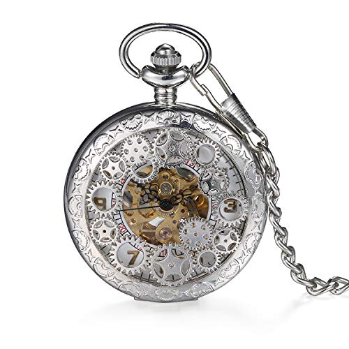 Silverora Taschenuhr im Vintage-Stil: Quarz-Taschenuhr mit Kette, Taschenuhr mit Zahlen, mechanische Uhr mit Ritzel, silber von Silverora