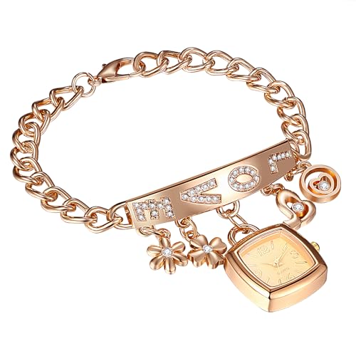Silverora Uhren Damen Armkette Quadratische: Dünne ekig Analog Quarz Damenuhr Verstellbar Volldiamant Love Armbanduhren mit Liebe Blütenblatt Geschenke für Frauen Mädchen Gold von Silverora