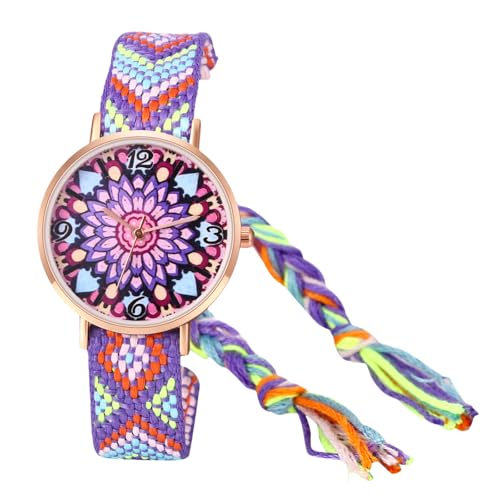 Silverora Uhren Damen Böhmische Damenuhren: Boho Blumenmuster Analoge Quarz Armbanduhren Geflochtenes Regenbogenarmband Uhren Geschenke für Frauen Mädchen Tochter lila blau von Silverora