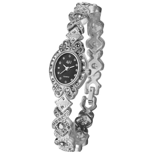 Silverora Uhren Damen Diamant Oval: Glänzend Klein Zifferblatt Analog Quarz Damenuhren mit Schmal Armband Gothic Retro Blumen Armbanduhren Geschenke für Frauen Silber Schwarz von Silverora