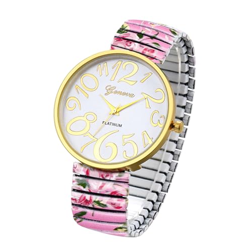 Silverora Uhren Damen Edelstahl Elastische - Großes Weißes Zifferblatt Analoge Quarz Uhr mit Blume Elastische Armband Klare Leicht lesbare Armbanduhren Geschenke für Frauen Ältere Rosagold von Silverora