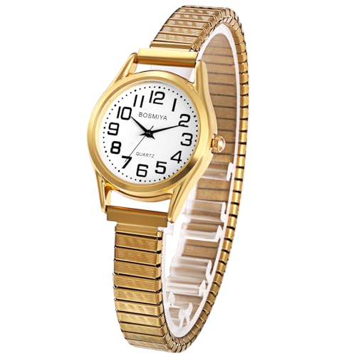 Silverora Uhren Damen Edelstahl Elastische: Gut Leicht Ablesbare Analoge Quarz Damenuhr Stretchband Armbanduhr mit Arabischer Ziffernskala Geschenke für Damen Ältere Gold von Silverora