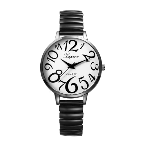 Silverora Uhren Damen Elastische Damenuhren: Wasserdicht Leicht Klare Lesbare Analog Quarz Armbanduhren Großes Zifferblatt Uhr mit Edelstahl Stretchband Geschenke für Frauen Ältere weiß schwarz von Silverora
