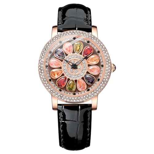 Silverora Uhren Damen Leder Kristall: 3ATM Wasserdicht Strass Analoge Quarz Armbanduhren Drehbares Oberfläche Anti Stress Uhr mit Echtes Lederarmband für Frauen Schwarz von Silverora