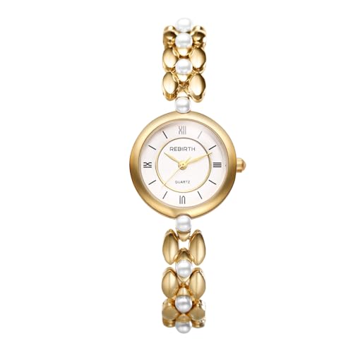 Silverora Uhren Damen Perlenarmband Damenuhren: 3ATM Wasserdicht Analog Quarz Armbanuhren Exquisite Golduhr Mit Abnehmbare Perlen Armband Armkette Geschenke für Frauen Gold von Silverora