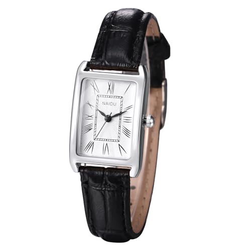 Silverora Uhren Damen Rechteckige Leder: Klein Eckige Analog Quarz Damenuhren mit römische Ziffernskala Exquisite Armbanduhren mit Lederarmband Geschenke für Frauen weiß schwarz von Silverora