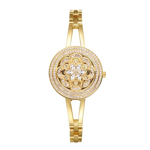 Silverora Uhren Damen Volldiamant Armbanduhren: 3ATM Wasserdicht Glänzende Blumme Dekoration Analoge Quarz Damenuhren Muschel Golduhr mit Abnehmbares Edelstahlarmband Geschenke für Frauen Gold von Silverora