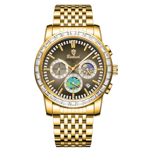 Silverora Uhren Herren Chronograph Multifunktion: 3ATM Wasserdicht Datum Analoge Quarz Stoppuhr mit Leuchtzeiger Glänzende Kristall Herrenuhren mit Edelstahlarmband Geschenke für Männer Gold von Silverora