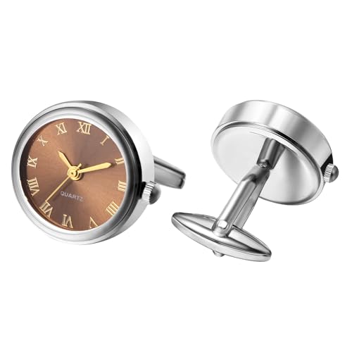 Silverora Uhren Herren Manschettenknöpfen Taschenuhr: Runde Analog Quarz Manschettenknopfuhr mit Römische Ziffernskala Hemdknöpfe Hemdmanschetten Geschenke für Männer Hochzeit Business grau Silber von Silverora
